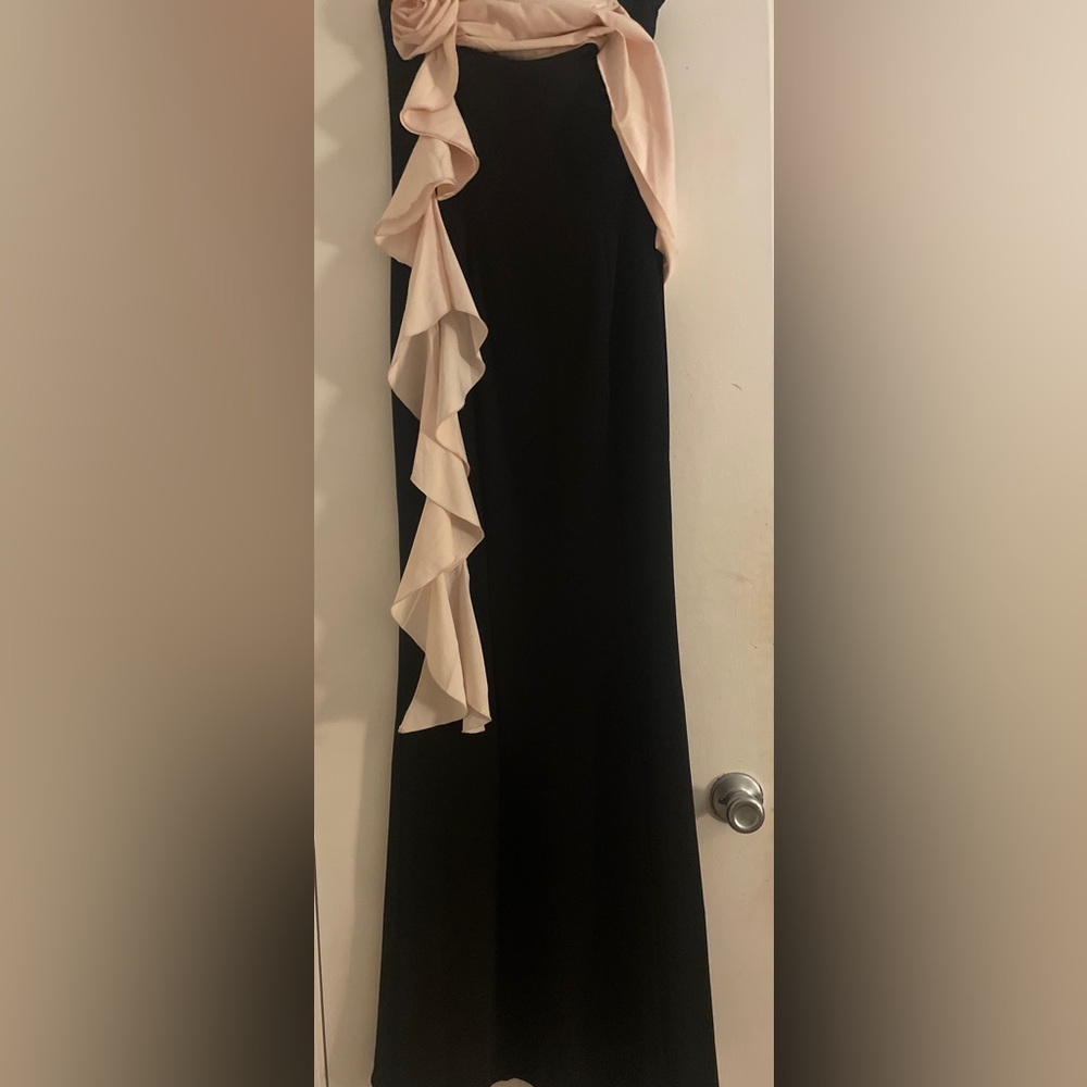 WORN ONCE!! Black long prom dress with pink ribbon that drapes down!!